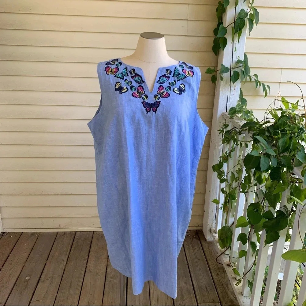 NWT Talbots Embroidered Butterfly Linen Blend Shift Dress Plus Size 22W Blue - Picture 3 of 10